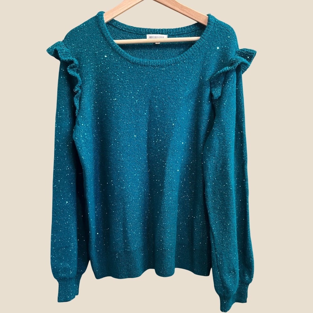 Margeaux & Ellie Sequin Ruffle Sweater Womens Large Teal Green Metallic S92234